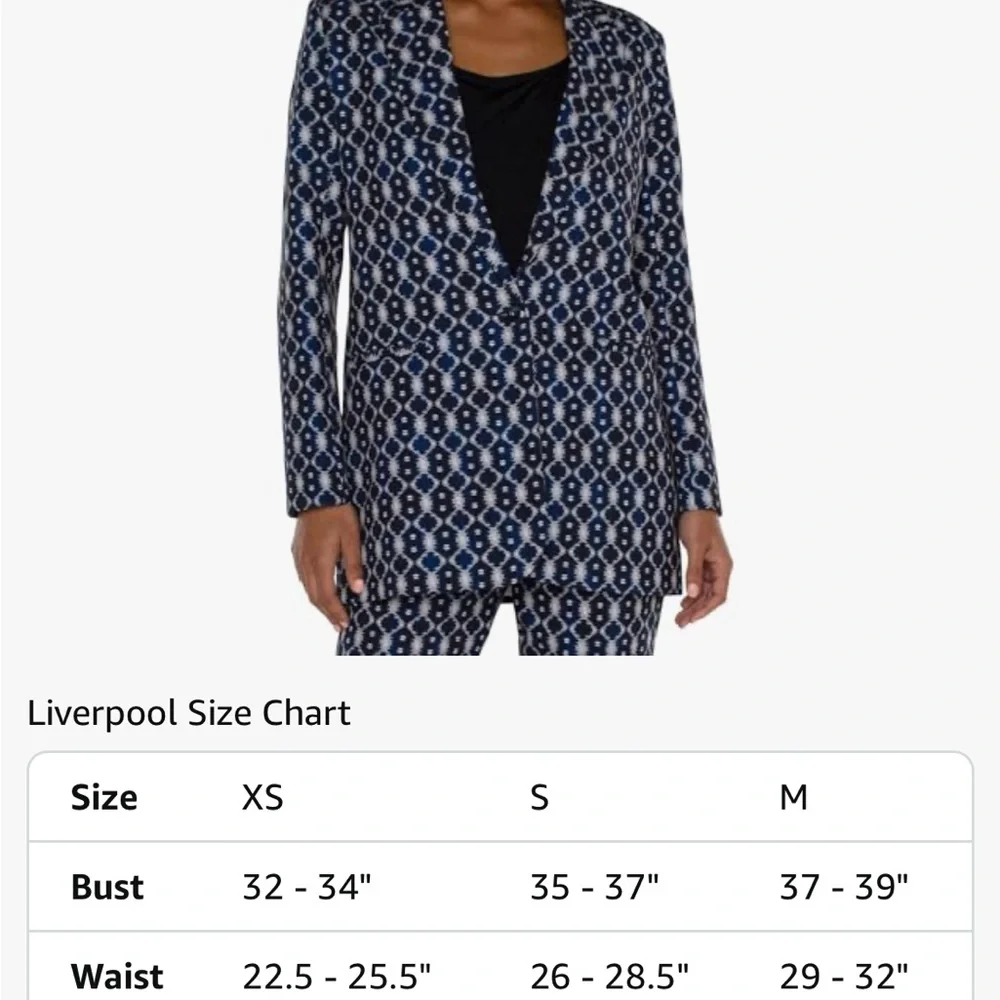 Liverpool Boyfriend Blazer Geometric Batik Button Front Jacket Blue White S NWT
